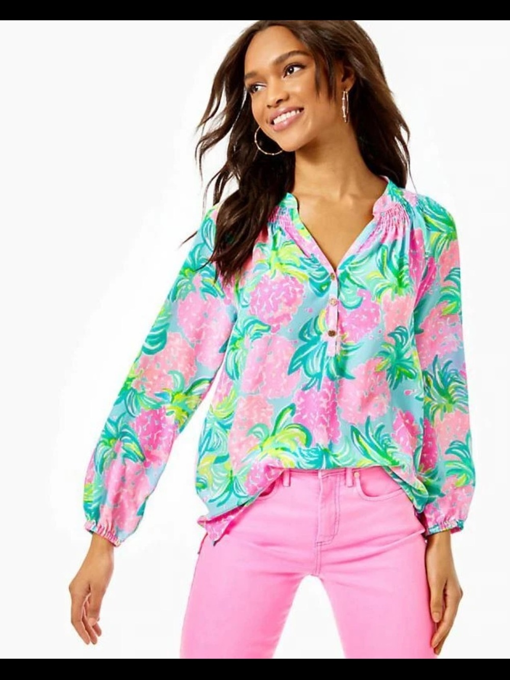 Lilly Pulitzer Elsa 100% Silk Top in Ibiza Pineapple Shake Print